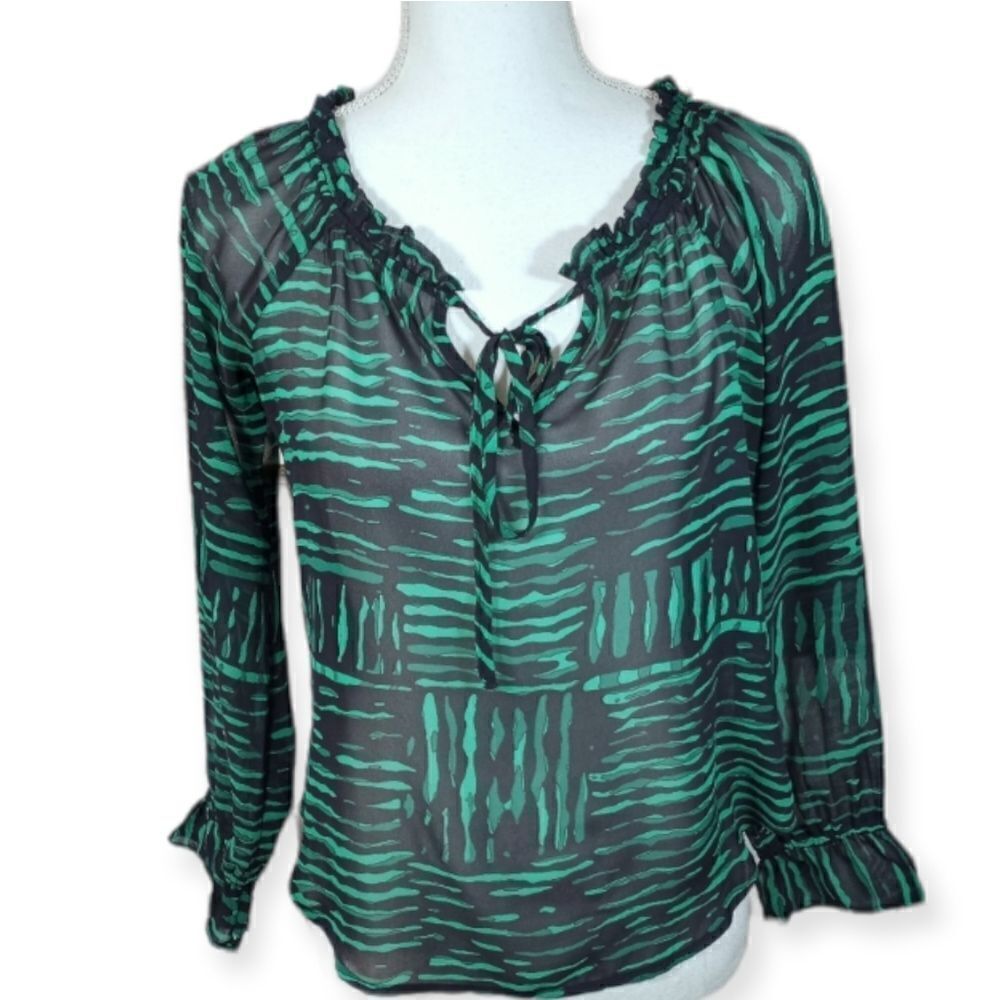 GREEN & BLACK SHEER BLOUSE SZ. XS-S EUC